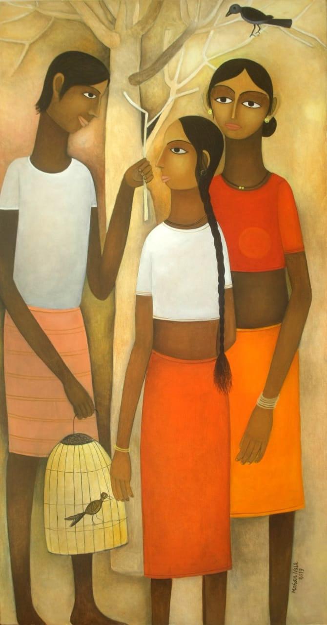 Figurative oil painting titled 'Untitled 1', 44x33 inches, by artist Mohan Naik on Canvas