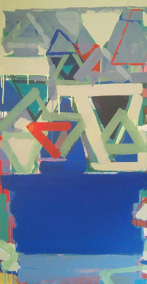 Untitled 1 (Geometric Blues) by Ravindra Pawar, Original Acrylic Abstract Painting on Canvas, Large Vertical Wall Art