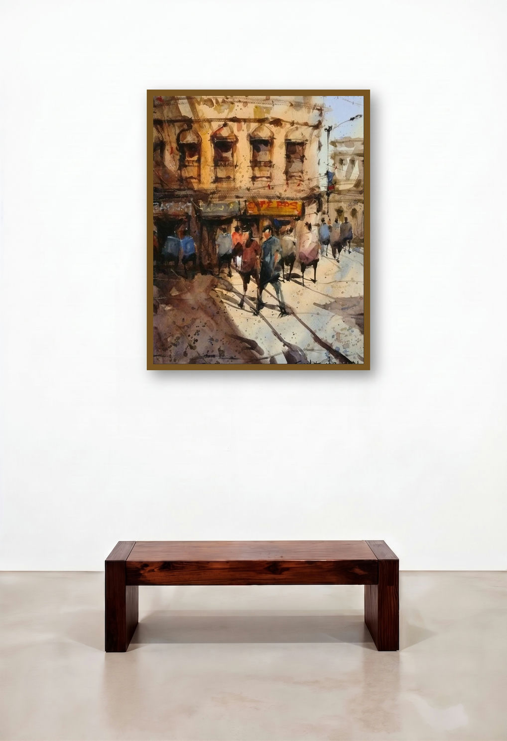 Untitled 1 (A Bustling Corner) by artist Subrata Malakar displayed in a Minimalist Hallway