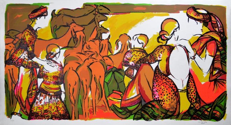 Figurative serigraphs painting titled 'Untitled 1', 52x96 inches, by artist Vrindavan Solanki on Paper