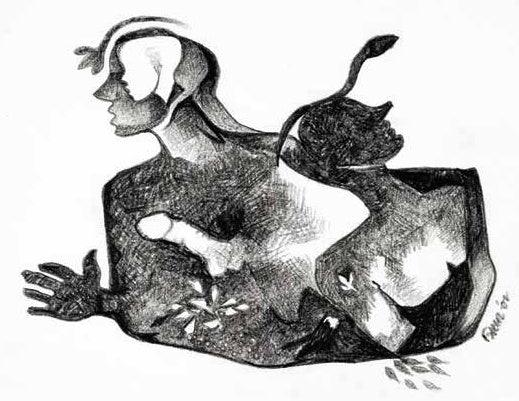 Figurative charcoal drawing titled 'Untitled 1', 9x11 inches, by artist Milan Desai on paper