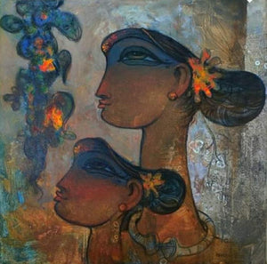 Figurative acrylic painting titled 'Untitled 1', 24x24 inches, by artist Ramesh Gujar on Canvas