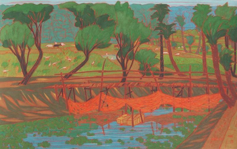 Nature tempera painting titled 'Untitled 1', 20x30 inches, by artist Sujit Das on Cloth