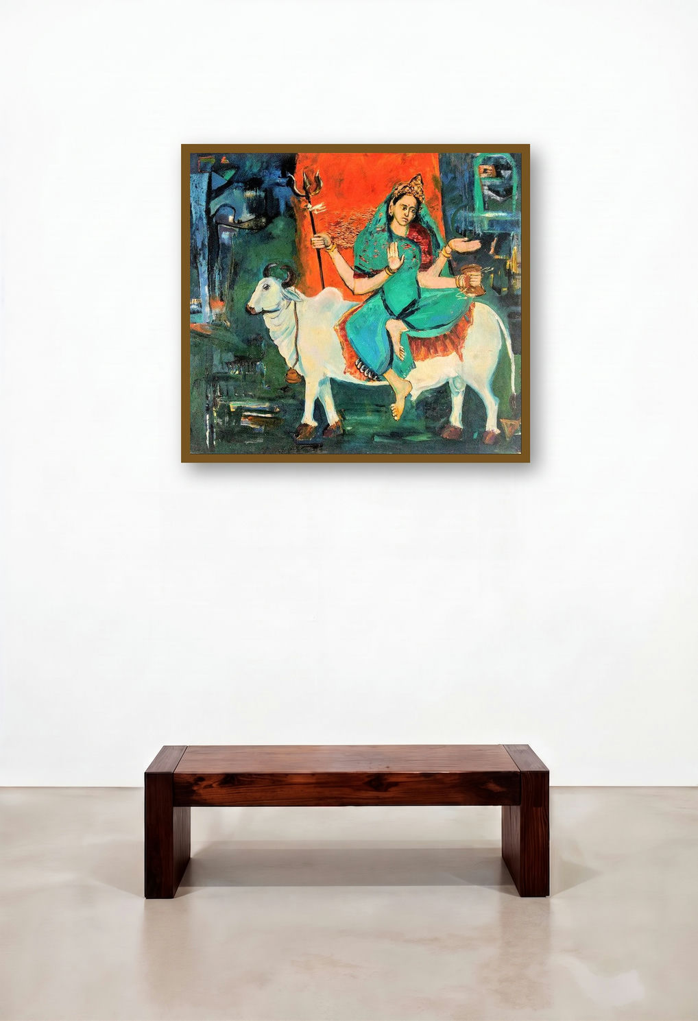Untitled 1 (Divine Grace) by artist Subhash Babhulkar displayed in a Mid-Century Modern Hotel Lobby