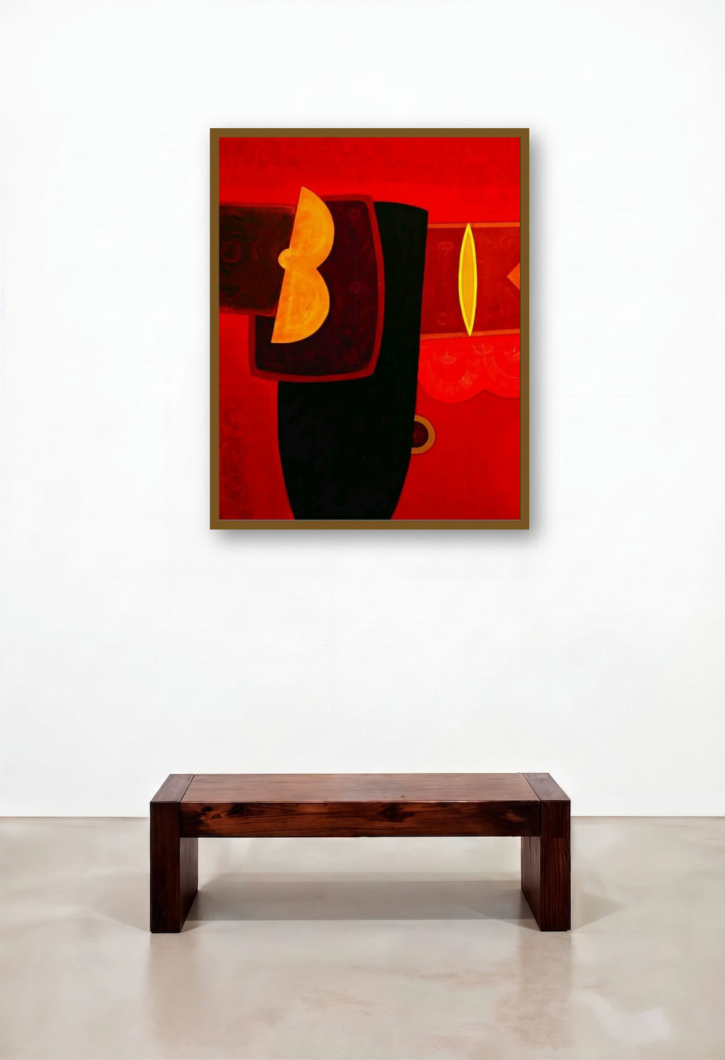 Untitled 1 (Crimson Rhapsody: An Abstract Composition) by artist Bhushan Vaidhya displayed in a Japandi Home Office