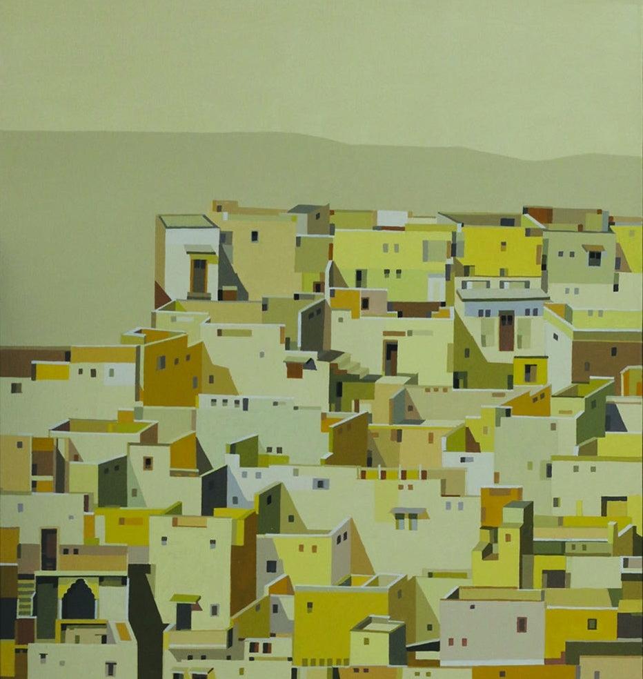 Cityscape acrylic painting titled 'Untitled 1', 48x24 inches, by artist Madan Pawar on Canvas
