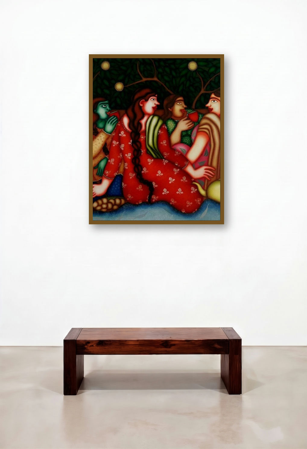 Untitled 1 (Women Gathering) by artist Jayita Borthakur displayed in a Rustic Family Room
