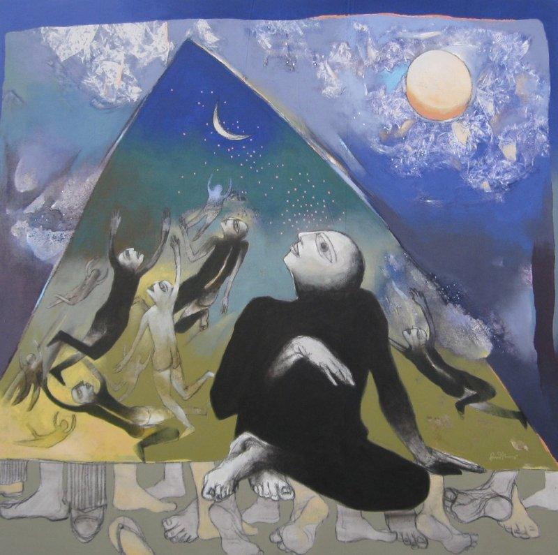 Figurative acrylic painting titled 'Untitled 1', 60x60 inches, by artist Pradip Kumar Sau on Canvas