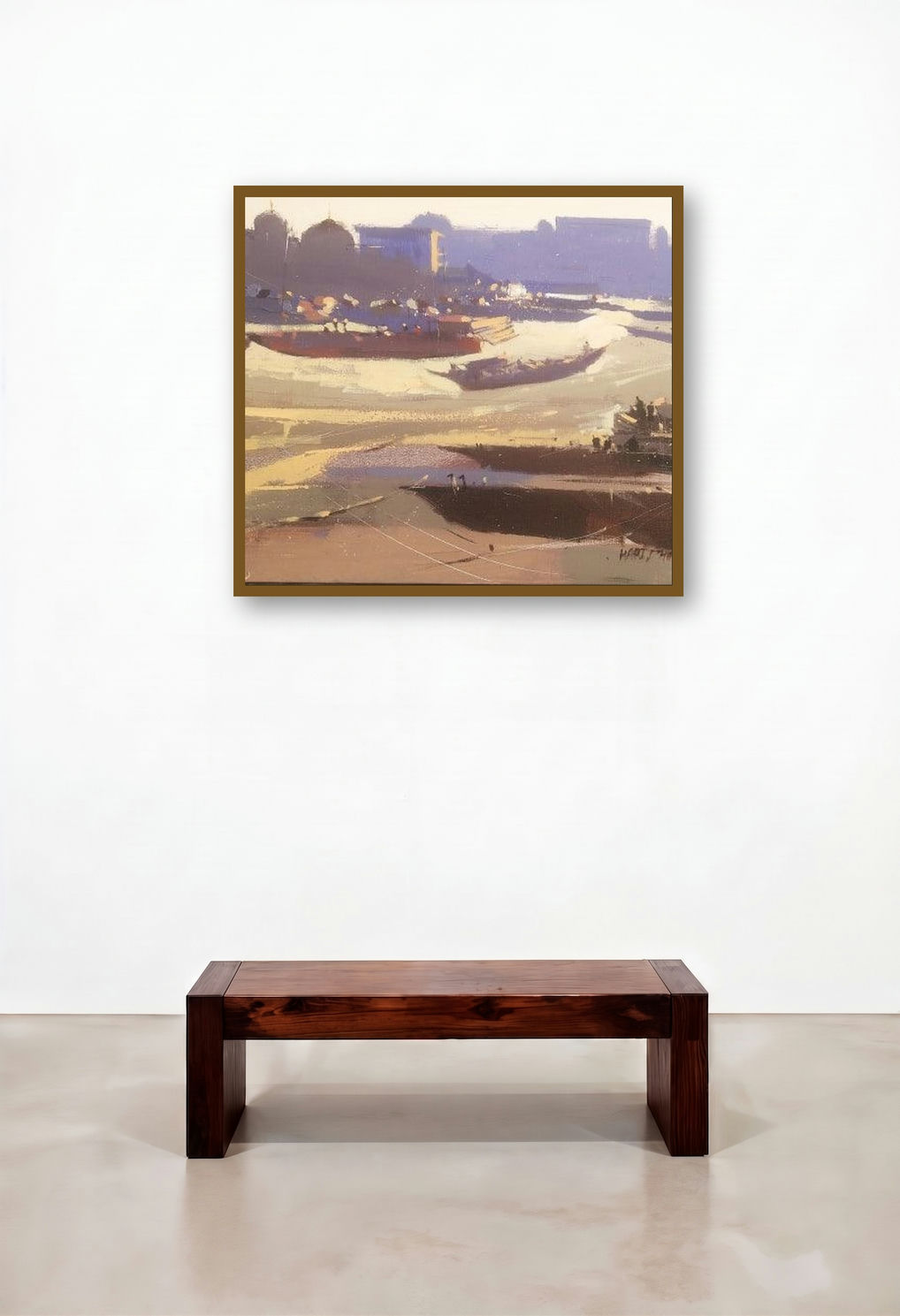 Untitled 1 (Dawn on the Ganges) by artist Hari Dhongade displayed in a Scandinavian Dining Room