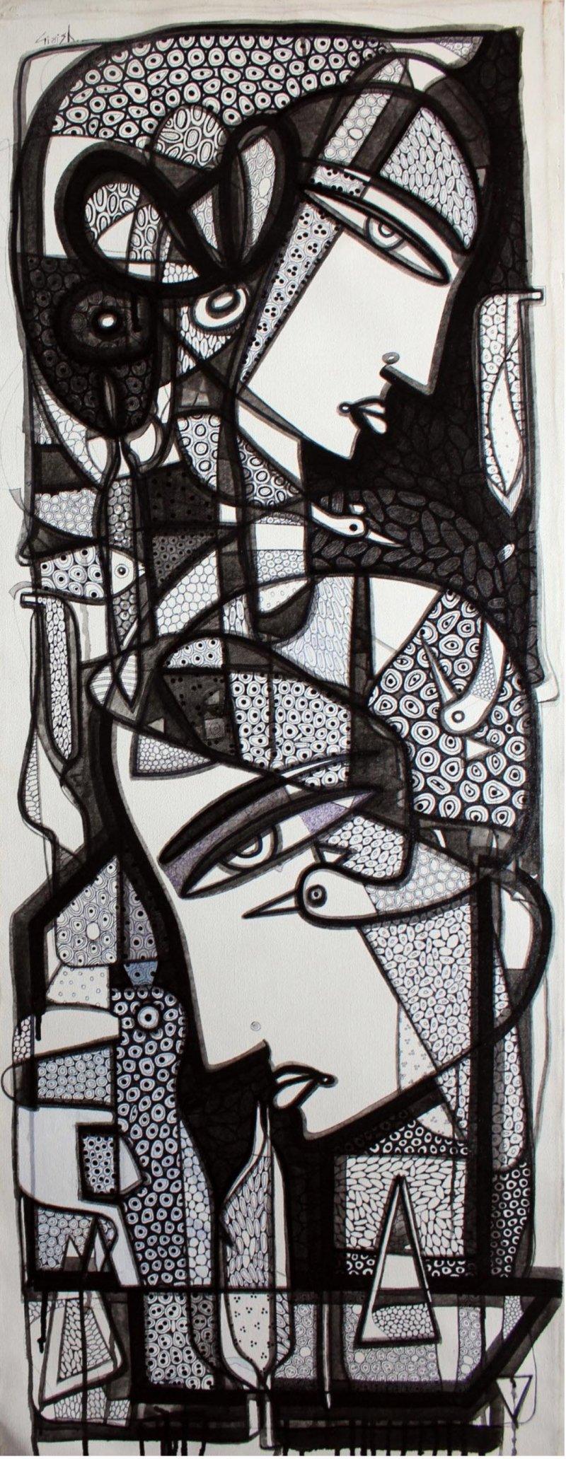 Figurative ink drawing titled 'Untitled 1', 18x48 inches, by artist Girish Adannavar on Canvas