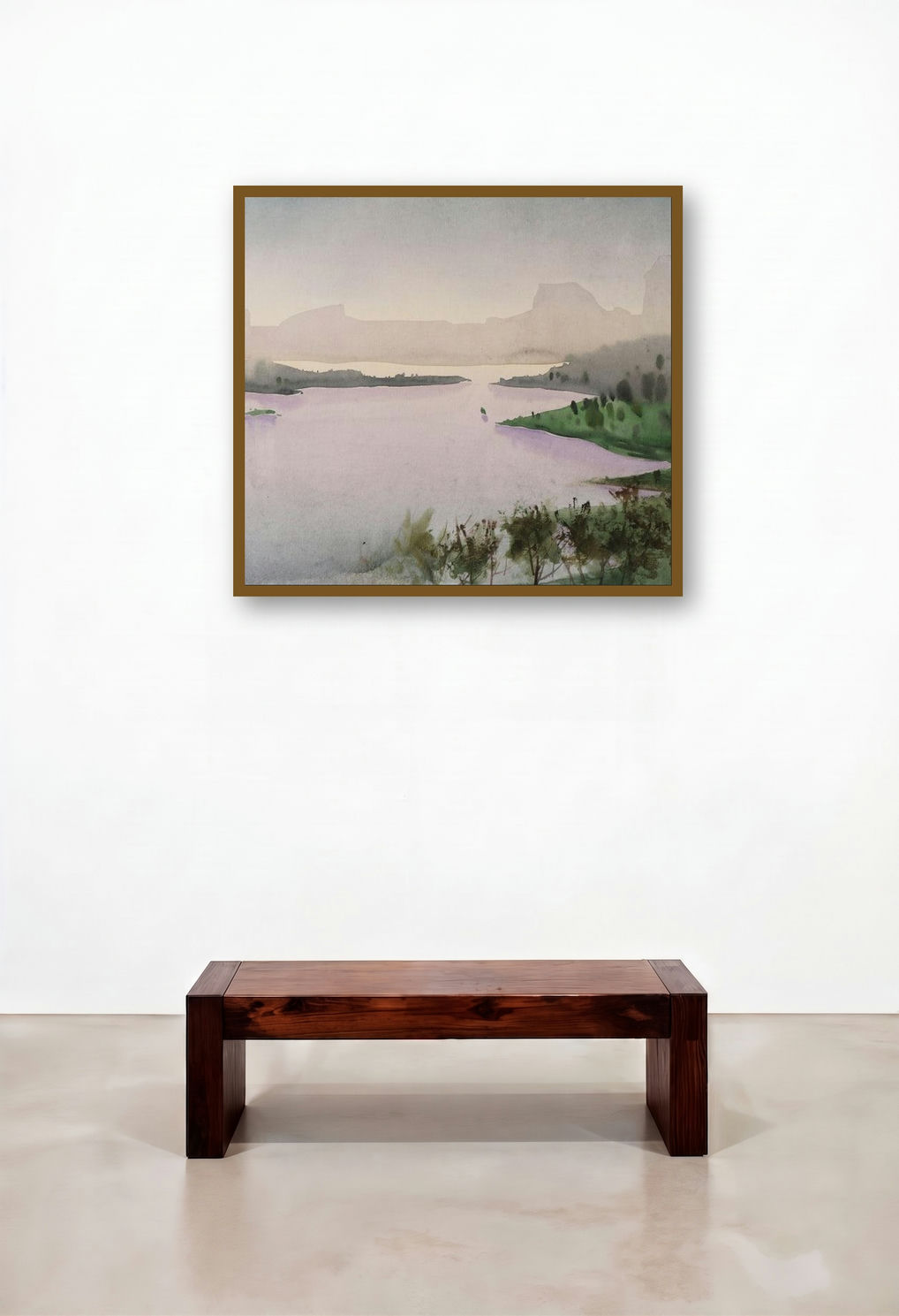 Untitled 1 (Serene Waterscape) by artist Amol Takale displayed in a Contemporary Hotel Lobby