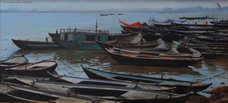Seascape oil painting titled 'Untitled 1', 14x30 inches, by artist Sachin Sawant on Canvas