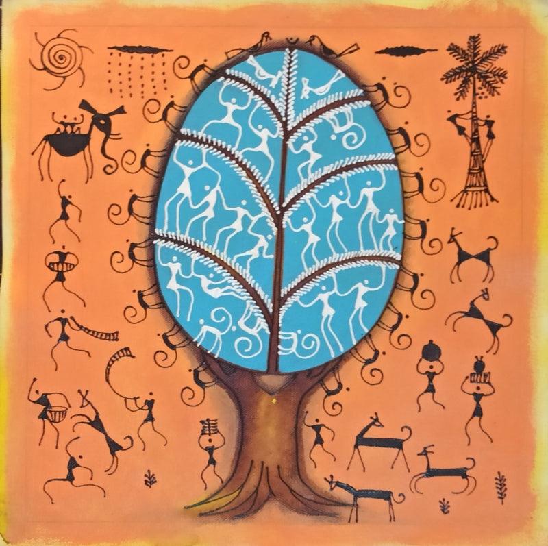 Nature warli traditional art titled 'Untitled 1', 12x12 inches, by artist Pradeep Swain on Canvas