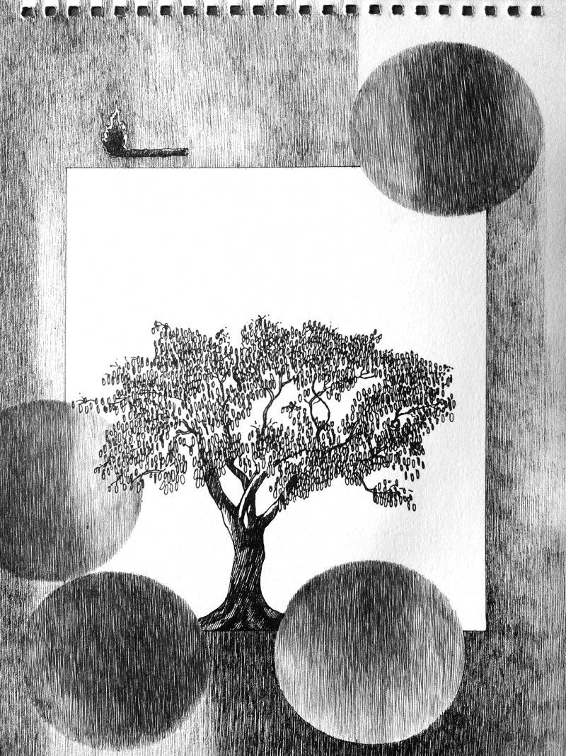 Nature ink drawing titled 'Untitled 1', 12x9 inches, by artist Satish Multhalli on Canson Paper