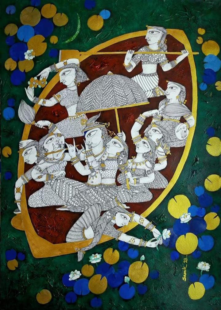 Religious acrylic ink painting titled 'Untitled 1', 24x17 inches, by artist Samik De on Paper