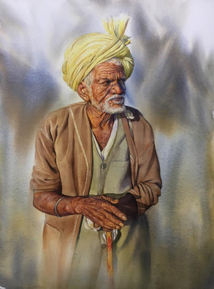 Untitled 1 (The Visionary Leader) by Nishikant Palande, Original Watercolor Figurative Painting on Paper, Medium Vertical Wall Art