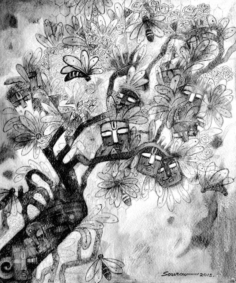 Figurative mixed media drawing titled 'Untitled 1', 10x9 inches, by artist Sourav Nandy on Paper