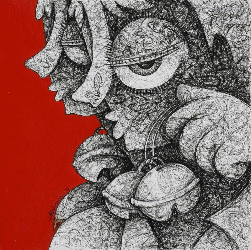 Figurative acrylic ink painting titled 'Untitled 10', 10x10 inches, by artist Mahavir Verma on paper