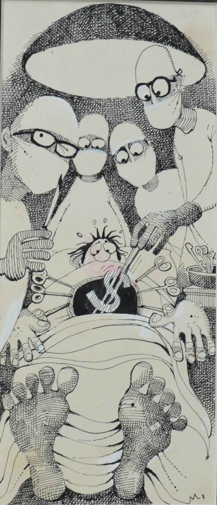 Figurative pen ink drawing titled 'Untitled 103', 9x4 inches, by artist Mario Miranda on Paper