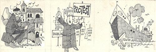 Figurative pen ink drawing titled 'Untitled 104', 4x9 inches, by artist Mario Miranda on Paper