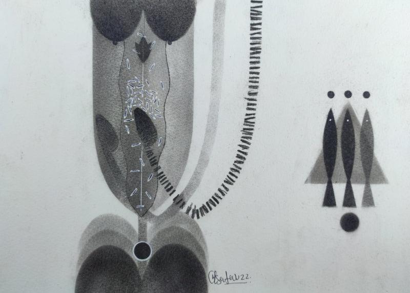 Abstract charcoal drawing titled 'Untitled 107', 8x12 inches, by artist Narendra Jatav on Paper