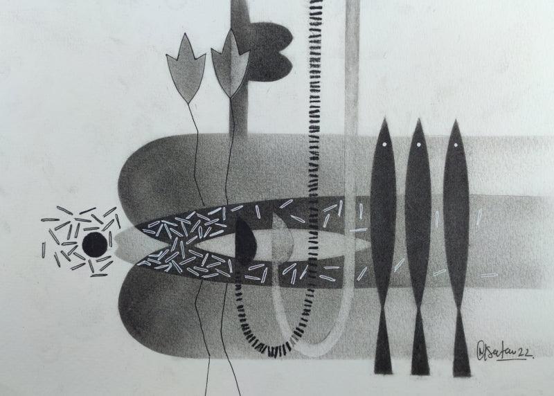 Abstract charcoal drawing titled 'Untitled 108', 8x12 inches, by artist Narendra Jatav on Paper