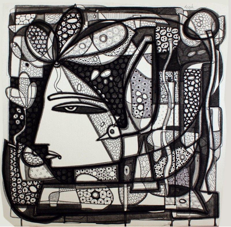 Figurative ink drawing titled 'Untitled 11', 23x23 inches, by artist Girish Adannavar on Canvas