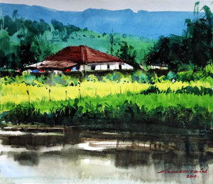 Untitled 11 (Tranquil Village Life) by Azharuuddin Inamdar, Original Watercolor Landscape Painting on Paper, X-Small Square Wall Art
