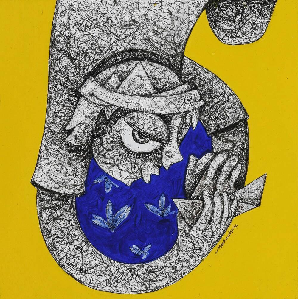 Figurative acrylic ink painting titled 'Untitled 11', 10x10 inches, by artist Mahavir Verma on paper