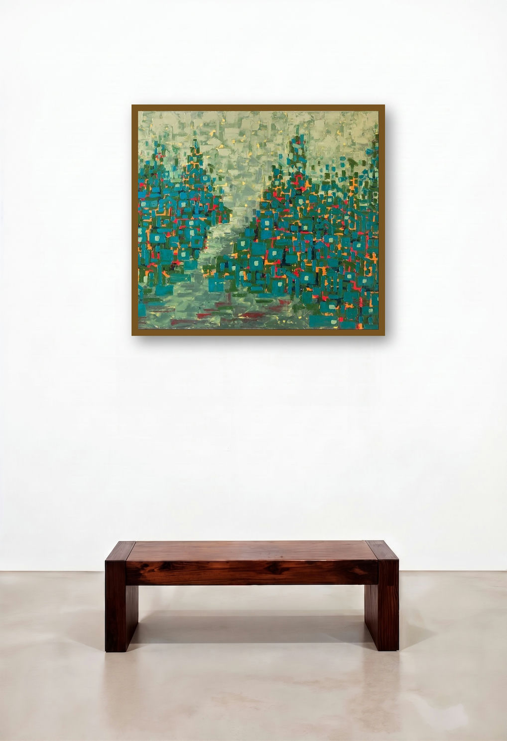 Untitled 11 (Urban Mosaic) by artist Karishma Wadhwa displayed in a Mid-Century Modern Living Room