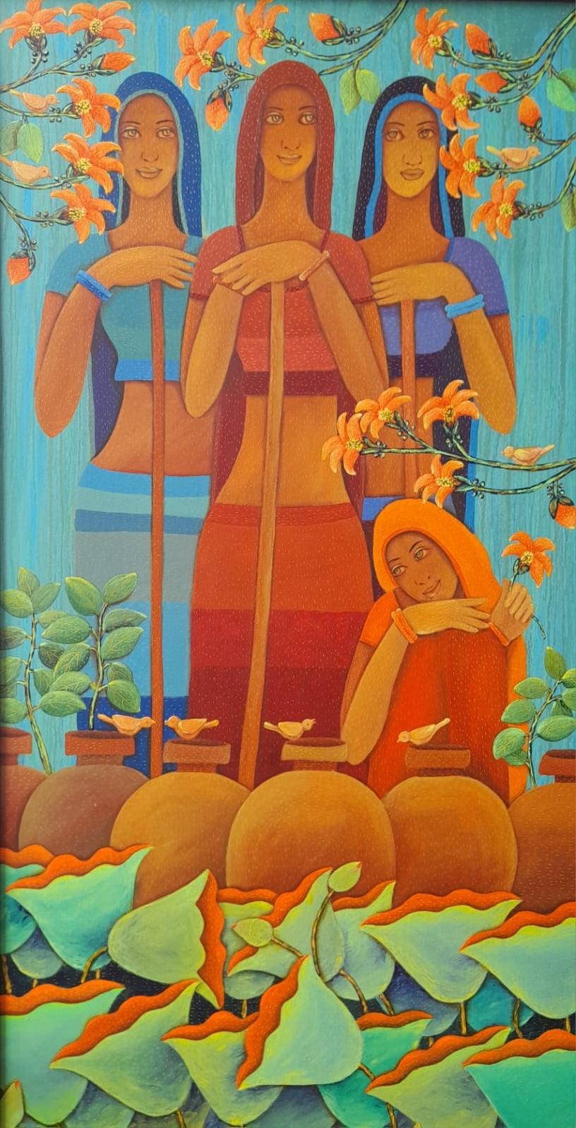 Figurative acrylic painting titled 'Untitled 11', 48x24 inches, by artist Sadaf Beg Khan on Canvas