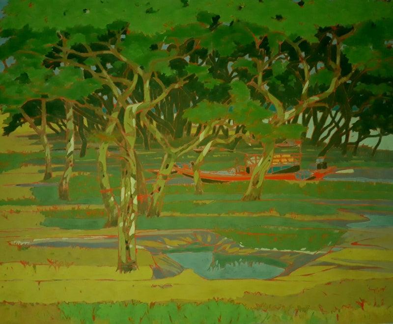 Nature tempera painting titled 'Untitled 11', 20x25 inches, by artist Sujit Das on Cloth