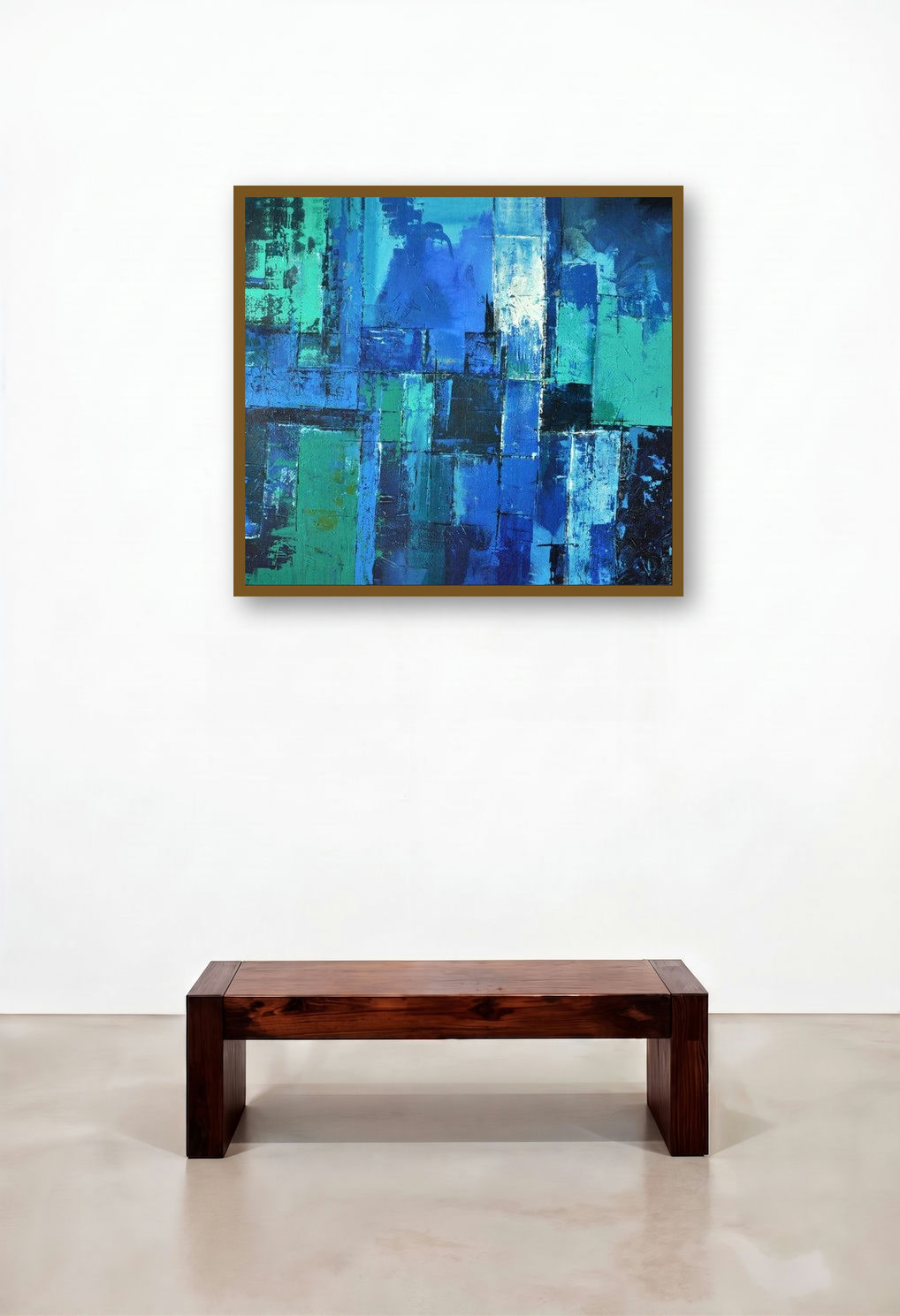 Untitled 11 (Sapphire Symphony) by artist Sanjay Akolikar displayed in a Coastal Hotel Lobby