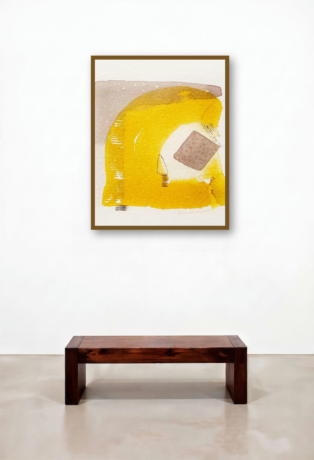 Untitled 112 (Golden Horizon) by artist Veena Jain displayed in a Transitional Hotel Lobby