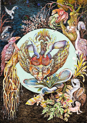 Untitled 12 (Celestial Tapestry**) by Gouri Vemula, Original Mixed Media Contemporary Painting on Paper, X-Small Vertical Wall Art