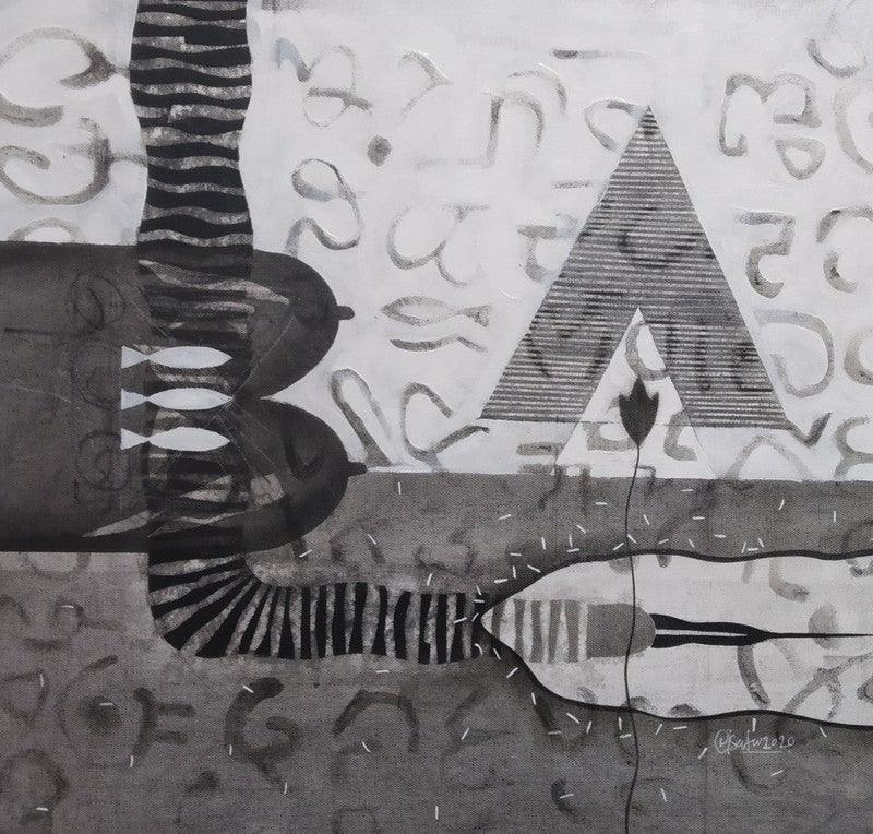 Abstract charcoal drawing titled 'Untitled 12', 18x18 inches, by artist Narendra Jatav on Canvas