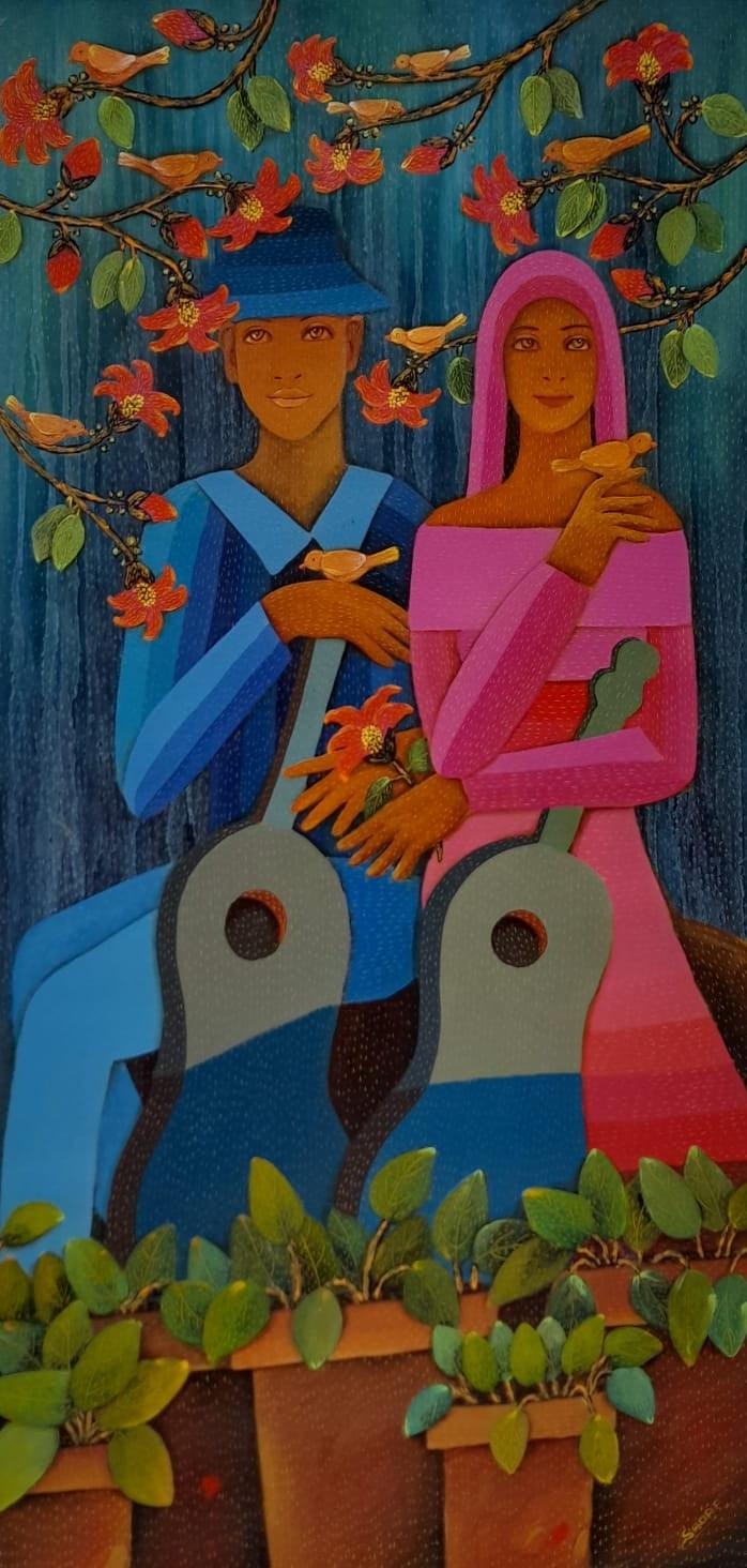 Figurative acrylic painting titled 'Untitled 12', 48x23 inches, by artist Sadaf Beg Khan on Canvas