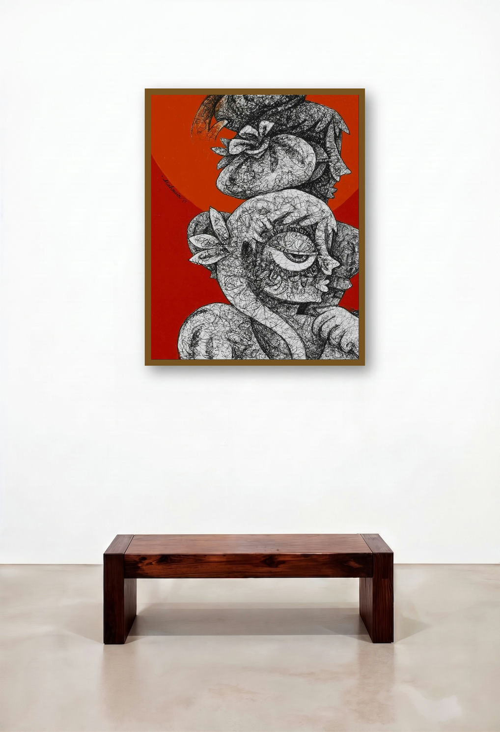 Untitled 12 (Abstract Portrait on Red) by artist Mahavir Verma displayed in a Urban Loft Home Office