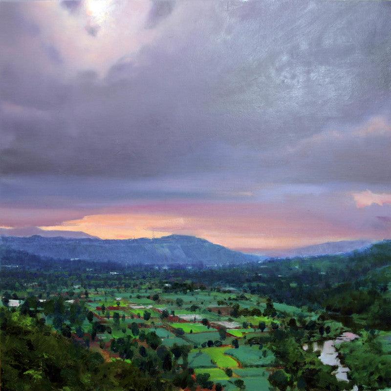 Landscape oil painting titled 'Untitled 12', 24x24 inches, by artist Azharuuddin Inamdar on Linen