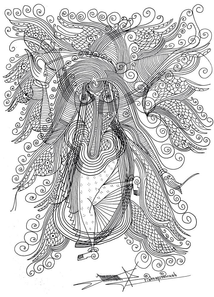 Religious mixed media drawing titled 'Untitled 12', 17x12 inches, by artist Krishnaprakash Vasant Martand on Canson Paper