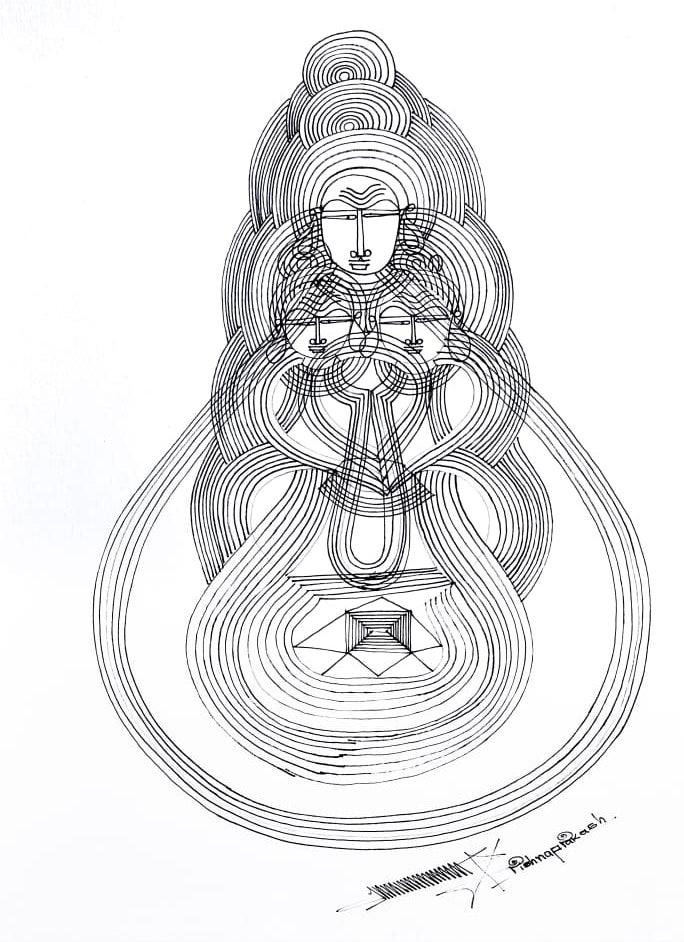 Religious mixed media drawing titled 'Untitled 12', 17x12 inches, by artist Krishnaprakash Vasant Martand on Canson Paper