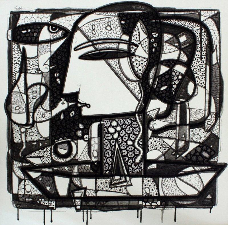 Figurative ink drawing titled 'Untitled 12', 24x24 inches, by artist Girish Adannavar on Canvas