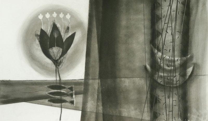 Abstract charcoal drawing titled 'Untitled 120', 14x22 inches, by artist Narendra Jatav on Paper
