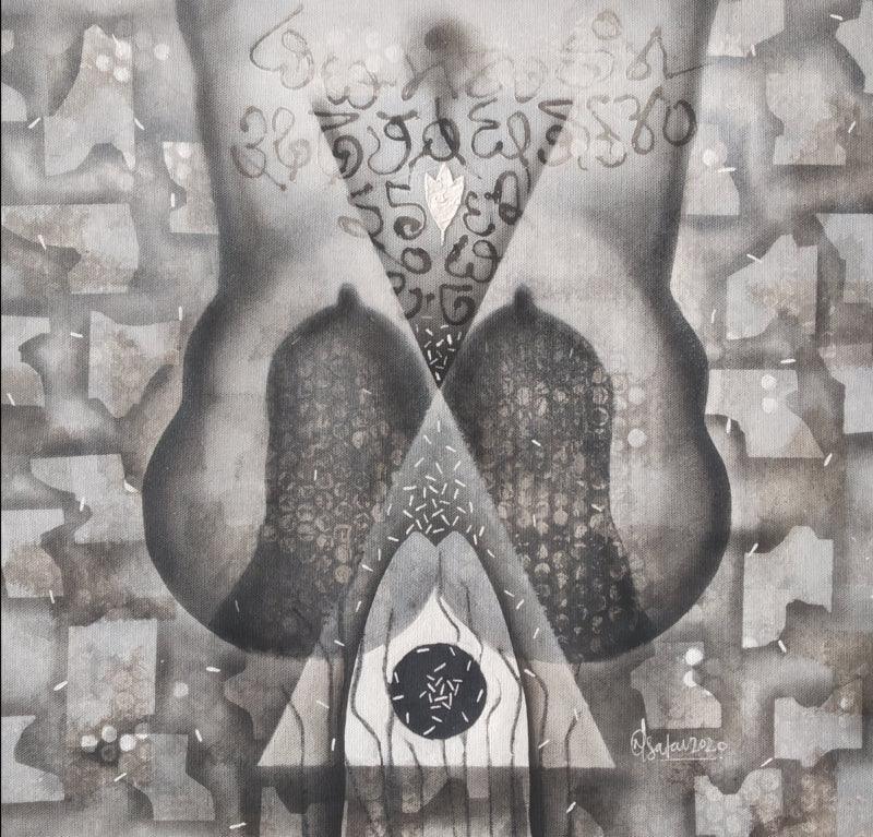 Abstract charcoal painting titled 'Untitled 120', 18x18 inches, by artist Narendra Jatav on Canvas