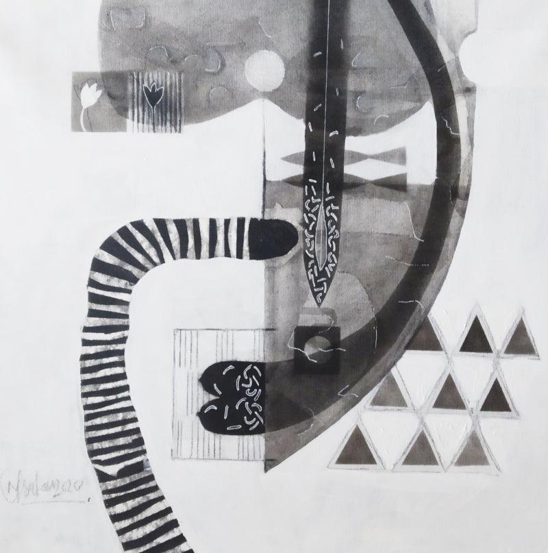 Abstract charcoal painting titled 'Untitled 122', 18x18 inches, by artist Narendra Jatav on Canvas