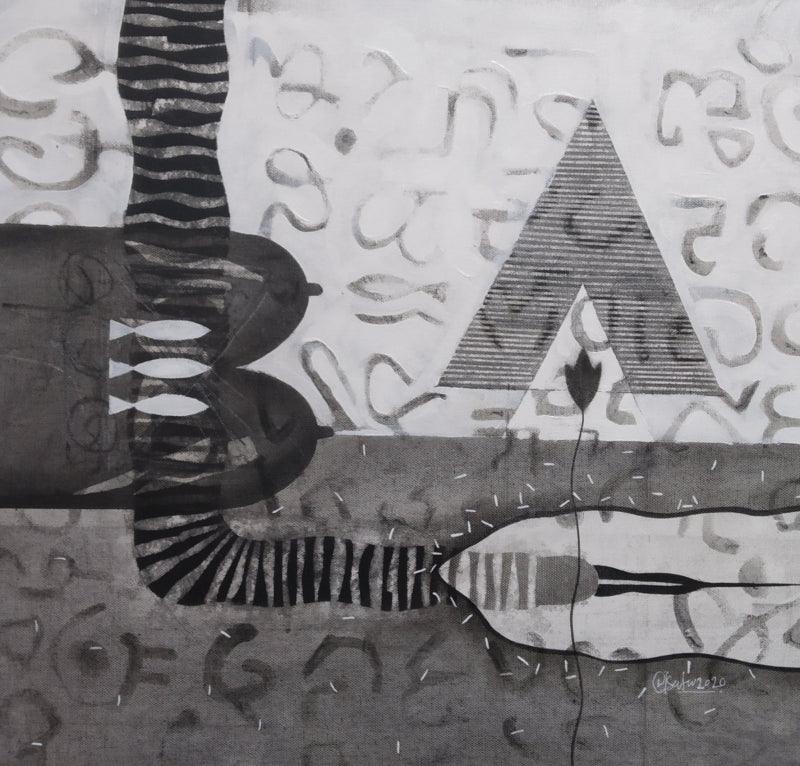 Abstract charcoal painting titled 'Untitled 124', 18x18 inches, by artist Narendra Jatav on Canvas