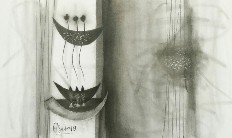 Abstract charcoal drawing titled 'Untitled 128', 14x22 inches, by artist Narendra Jatav on Paper