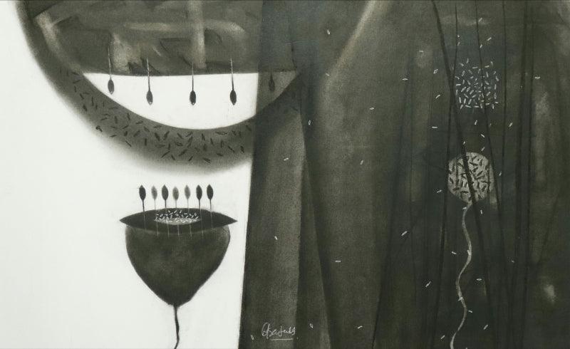 Abstract charcoal drawing titled 'Untitled 129', 14x22 inches, by artist Narendra Jatav on Paper