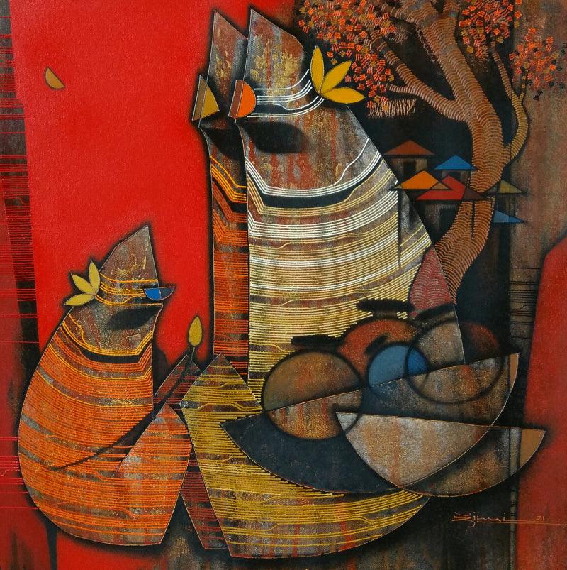 Figurative acrylic painting titled 'Untitled 13', 24x24 inches, by artist Rahul Dangat on Canvas