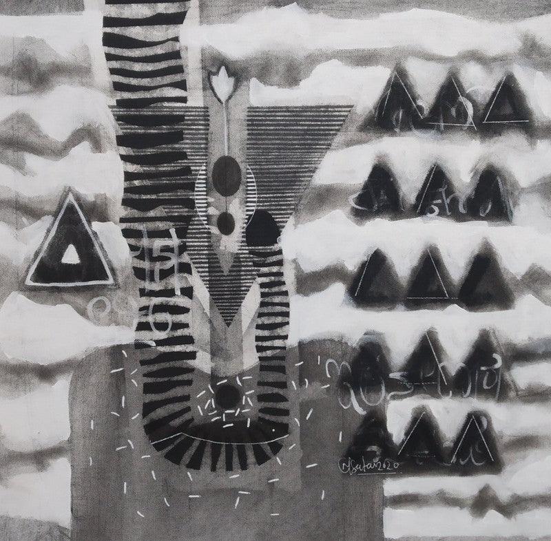 Abstract charcoal drawing titled 'Untitled 13', 18x18 inches, by artist Narendra Jatav on Canvas